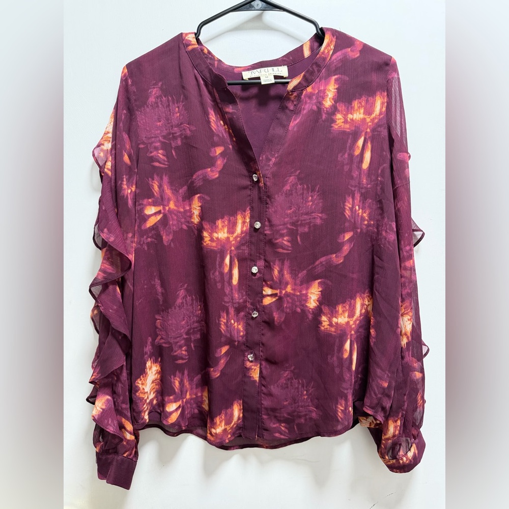 TWRHLL by Christie Brinkley Women's Ruffle Slv Blouse Purple Floral Sz M Office